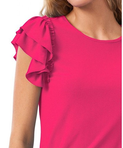 Women's Ruffled Flutter-Sleeve Short Sleeve Knit Top Pink $25.47 Tops