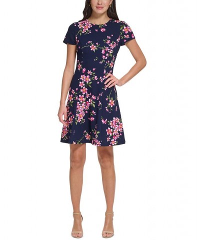 Women's Crewneck Short-Sleeve Fit & Flare Dress Navy Multi $29.69 Dresses