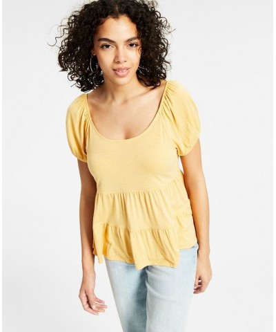 Juniors' Puffed-Sleeve Tiered Babydoll Top Orange $13.20 Tops