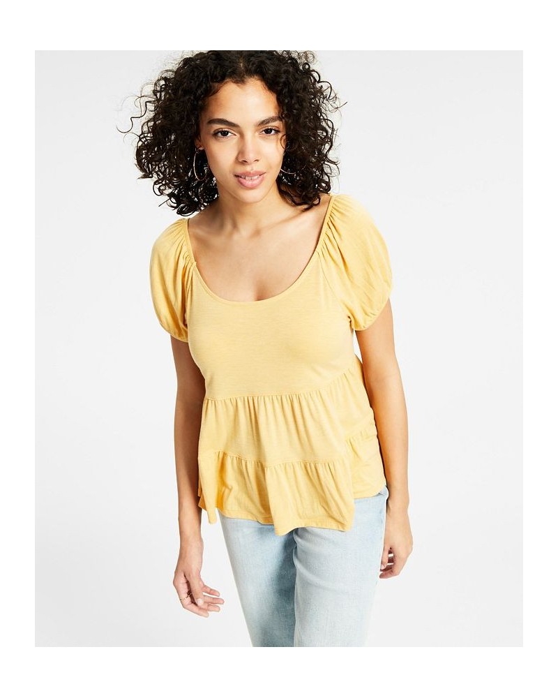 Juniors' Puffed-Sleeve Tiered Babydoll Top Orange $13.20 Tops