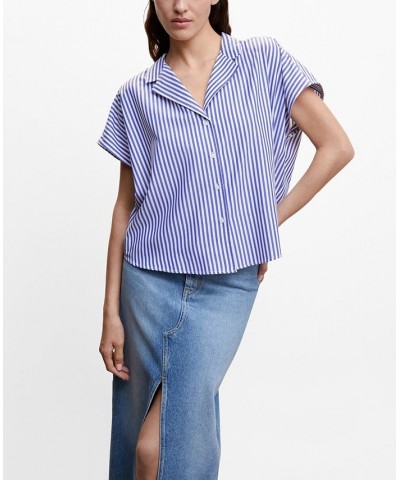 Women's Short Sleeve Striped Shirt Blue $31.35 Tops