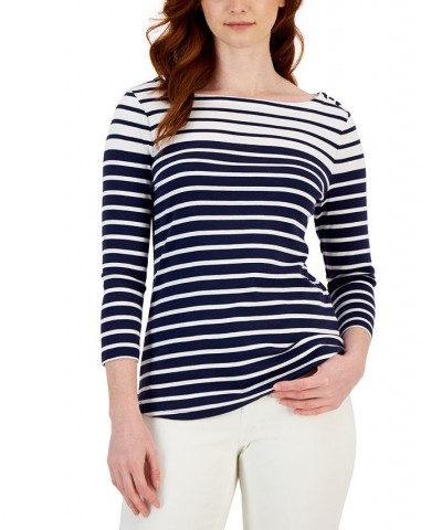 Petite Jamie Stripe Boat-Neck Button-Trim Top Blue $14.74 Tops