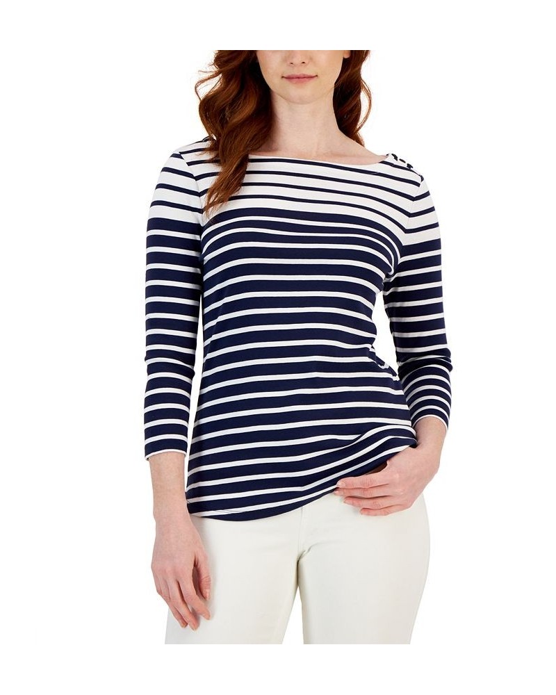 Petite Jamie Stripe Boat-Neck Button-Trim Top Blue $14.74 Tops