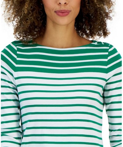 Petite Jamie Stripe Boat-Neck Button-Trim Top Blue $14.74 Tops