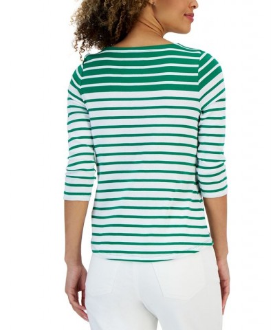 Petite Jamie Stripe Boat-Neck Button-Trim Top Blue $14.74 Tops