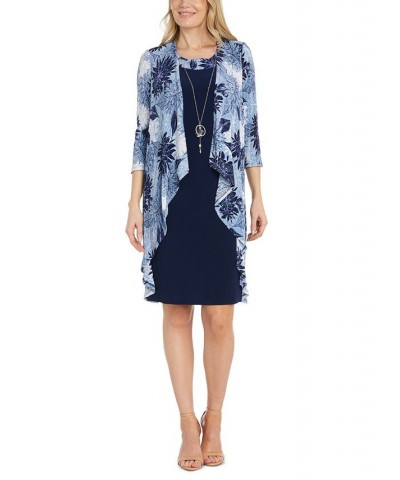 Women's Flyaway-Airbrush Puff-Print Jacket & Necklace Dress Navy/Denim $49.05 Dresses