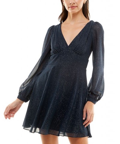 Juniors' V-Neck Tie-Back Long-Sleeve Glitter Dress Navy/Silver $23.99 Dresses