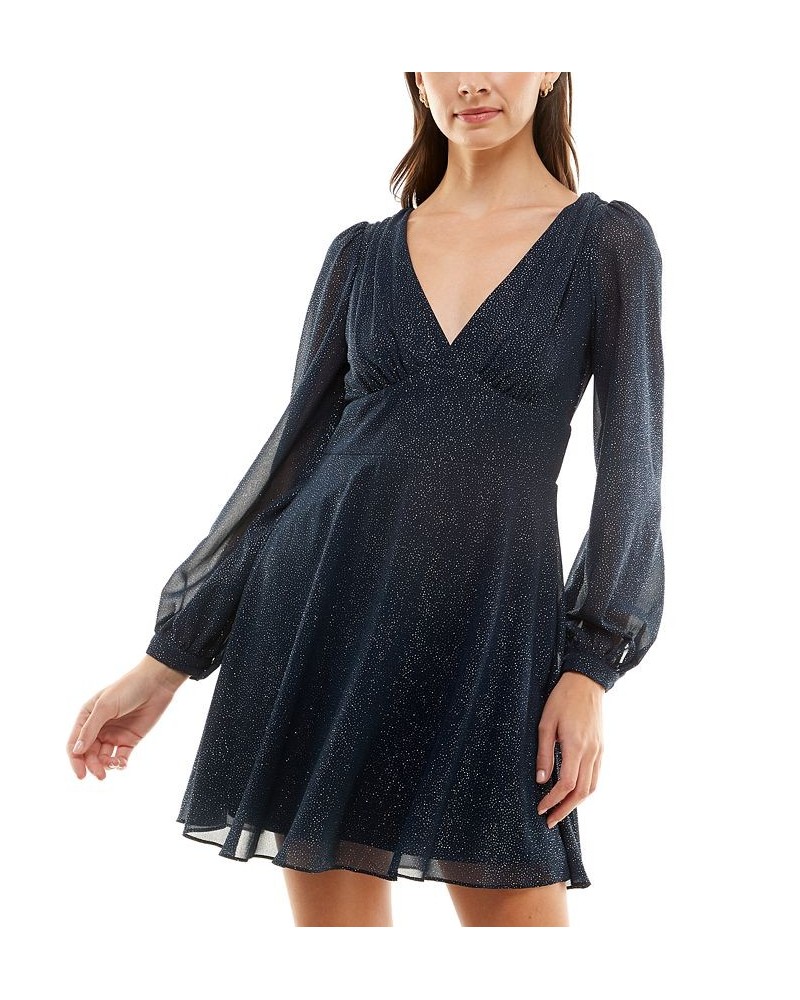 Juniors' V-Neck Tie-Back Long-Sleeve Glitter Dress Navy/Silver $23.99 Dresses