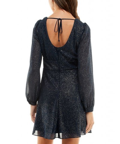 Juniors' V-Neck Tie-Back Long-Sleeve Glitter Dress Navy/Silver $23.99 Dresses