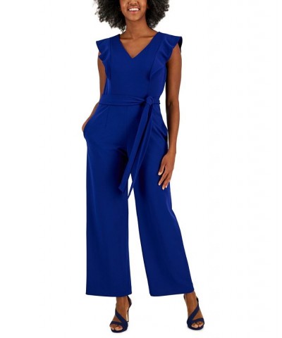 Scuba Crepe V-Neck Flutter-Sleeve Belted Jumpsuit Blue $30.72 Pants