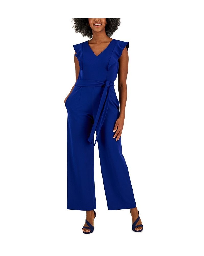 Scuba Crepe V-Neck Flutter-Sleeve Belted Jumpsuit Blue $30.72 Pants