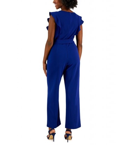 Scuba Crepe V-Neck Flutter-Sleeve Belted Jumpsuit Blue $30.72 Pants