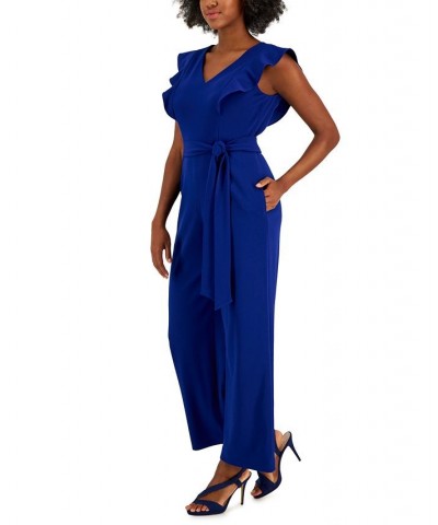 Scuba Crepe V-Neck Flutter-Sleeve Belted Jumpsuit Blue $30.72 Pants