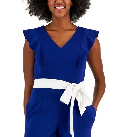 Scuba Crepe V-Neck Flutter-Sleeve Belted Jumpsuit Blue $30.72 Pants