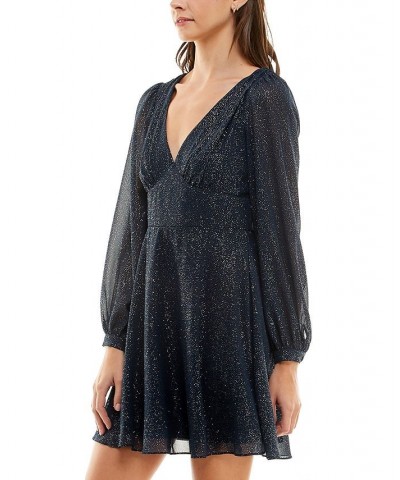 Juniors' V-Neck Tie-Back Long-Sleeve Glitter Dress Navy/Silver $23.99 Dresses