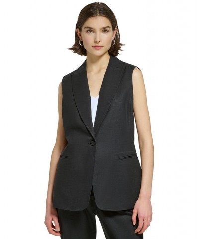 Women's Linen-Blend Peak-Lapel Long Vest Black $74.50 Jackets