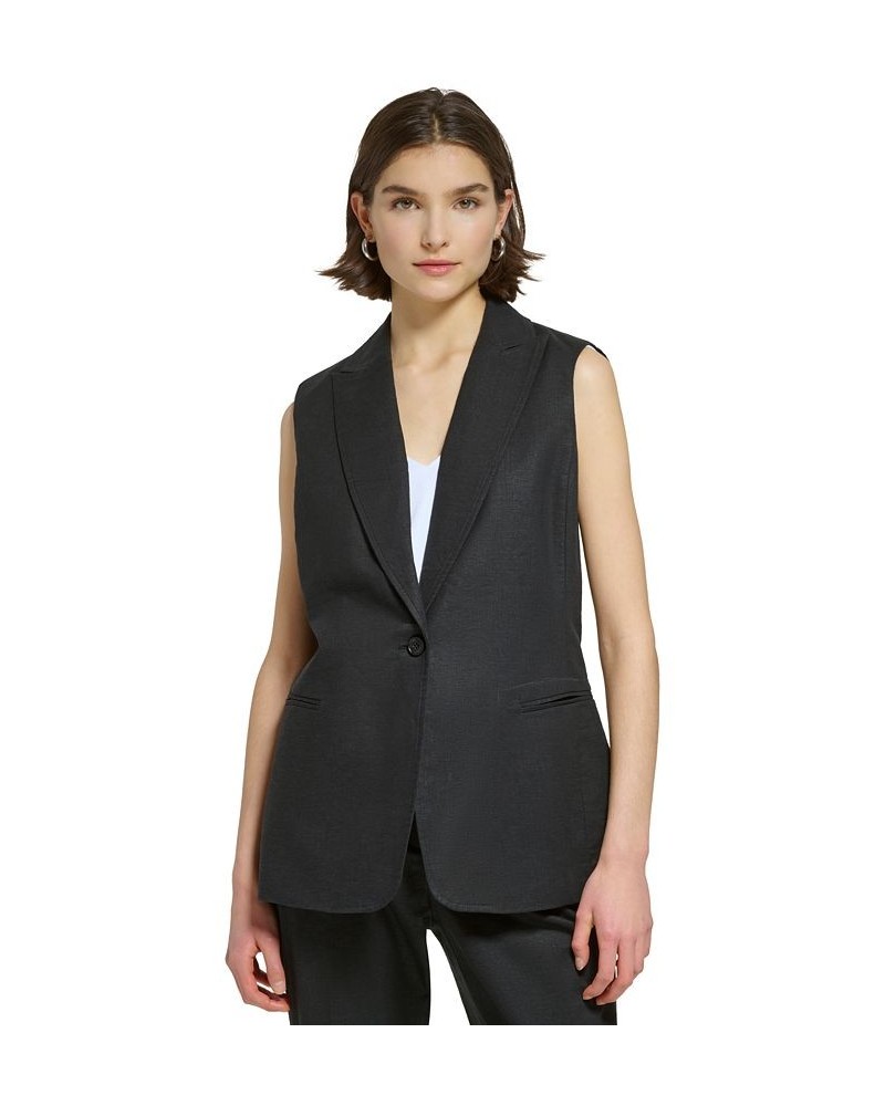 Women's Linen-Blend Peak-Lapel Long Vest Black $74.50 Jackets