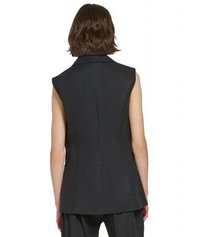 Women's Linen-Blend Peak-Lapel Long Vest Black $74.50 Jackets