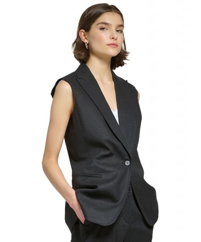 Women's Linen-Blend Peak-Lapel Long Vest Black $74.50 Jackets