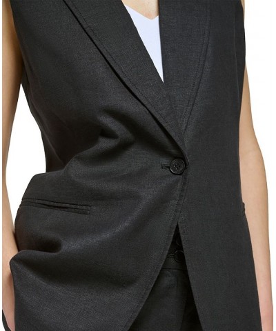 Women's Linen-Blend Peak-Lapel Long Vest Black $74.50 Jackets