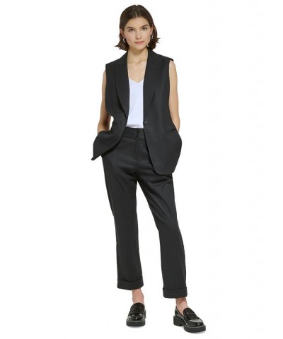 Women's Linen-Blend Peak-Lapel Long Vest Black $74.50 Jackets