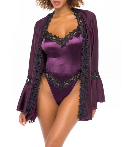 Women's Short Polyester Charmeuse Lingerie Robe with Embroidered Trim and Bell Sleeves Italian Plum, Black $22.20 Lingerie