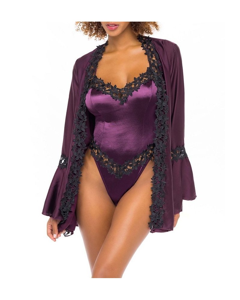 Women's Short Polyester Charmeuse Lingerie Robe with Embroidered Trim and Bell Sleeves Italian Plum, Black $22.20 Lingerie