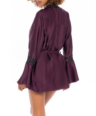 Women's Short Polyester Charmeuse Lingerie Robe with Embroidered Trim and Bell Sleeves Italian Plum, Black $22.20 Lingerie