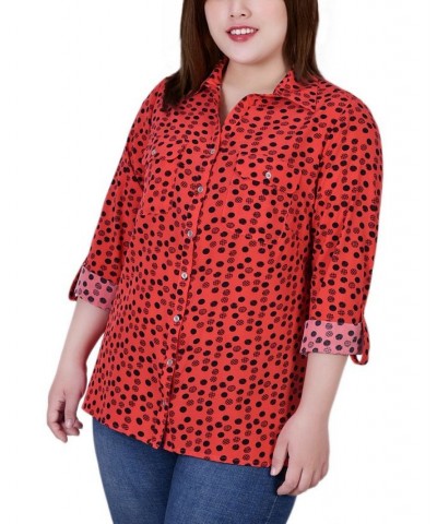 Plus Size 3/4 Sleeve Roll Tab Notch Collar Blouse Red Dot Mix $16.64 Tops