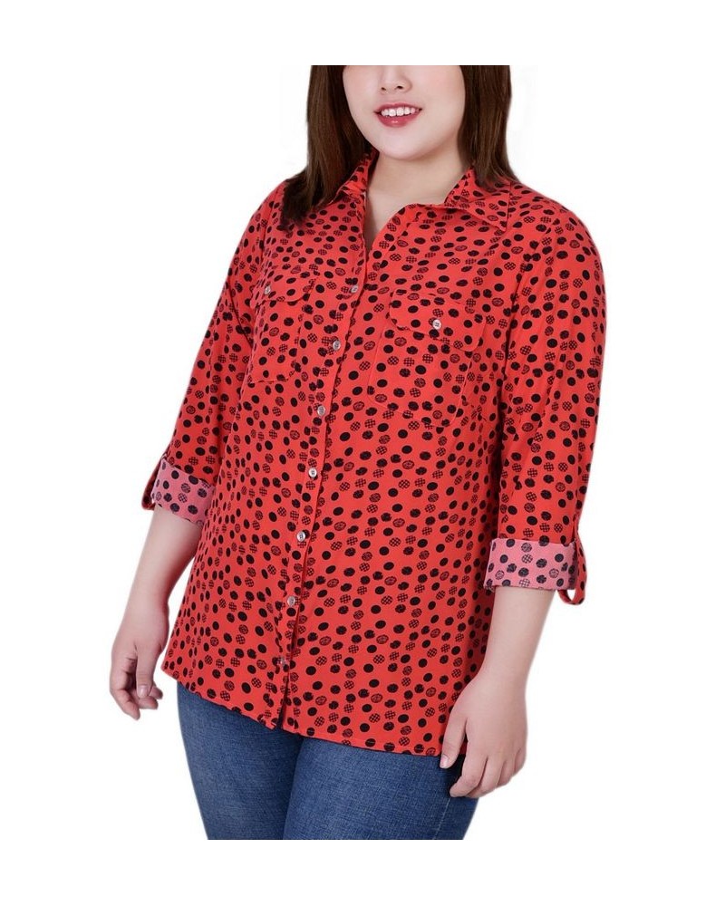 Plus Size 3/4 Sleeve Roll Tab Notch Collar Blouse Red Dot Mix $16.64 Tops