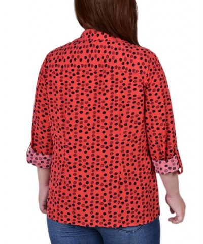 Plus Size 3/4 Sleeve Roll Tab Notch Collar Blouse Red Dot Mix $16.64 Tops