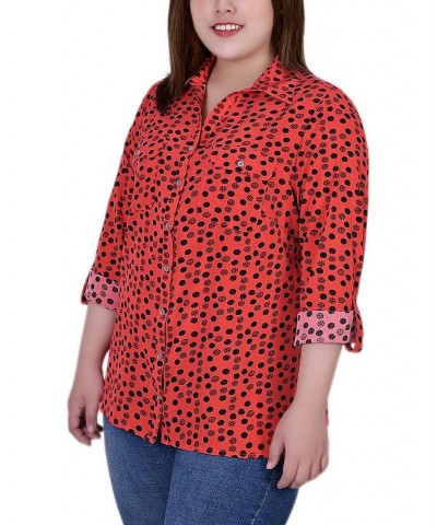 Plus Size 3/4 Sleeve Roll Tab Notch Collar Blouse Red Dot Mix $16.64 Tops