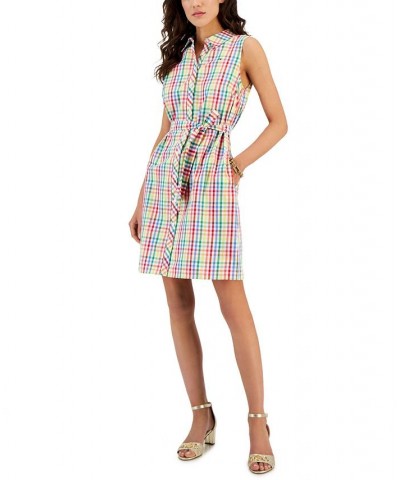 Women's Gingham-Print Belted Woven Dress White $30.11 Dresses