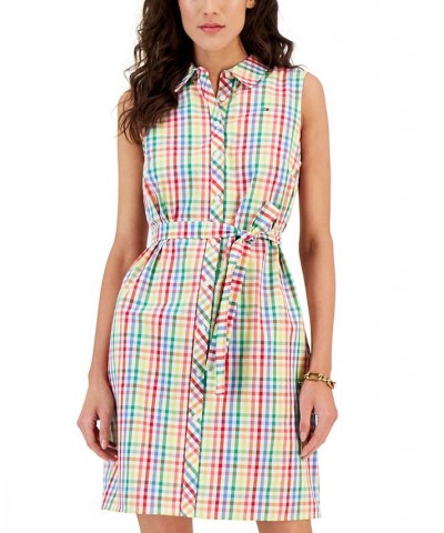 Women's Gingham-Print Belted Woven Dress White $30.11 Dresses