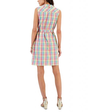 Women's Gingham-Print Belted Woven Dress White $30.11 Dresses