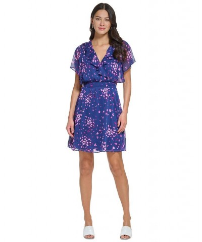 Women's Floral-Print Ruffled Smocked Dress Blue/Raspberry $48.65 Dresses