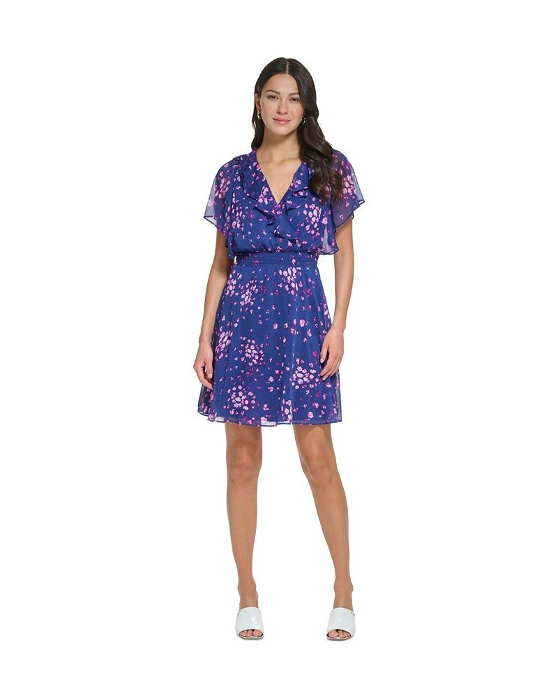 Women's Floral-Print Ruffled Smocked Dress Blue/Raspberry $48.65 Dresses