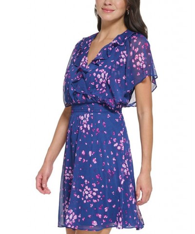 Women's Floral-Print Ruffled Smocked Dress Blue/Raspberry $48.65 Dresses