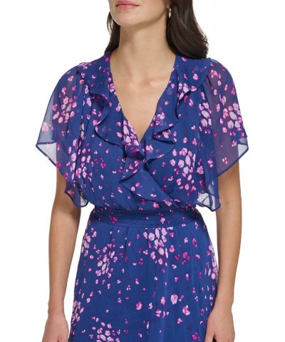 Women's Floral-Print Ruffled Smocked Dress Blue/Raspberry $48.65 Dresses