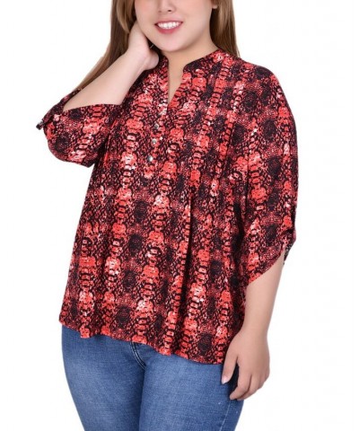 Plus Size 3/4 Roll Tab Sleeve Y-Neck Top Berry Plaid $13.14 Tops