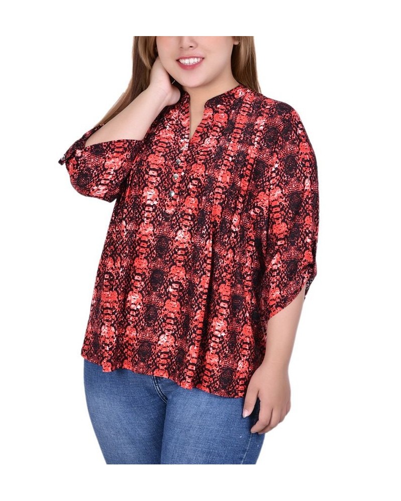 Plus Size 3/4 Roll Tab Sleeve Y-Neck Top Berry Plaid $13.14 Tops