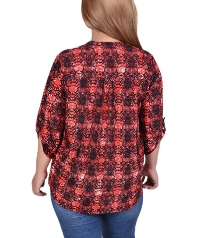 Plus Size 3/4 Roll Tab Sleeve Y-Neck Top Berry Plaid $13.14 Tops