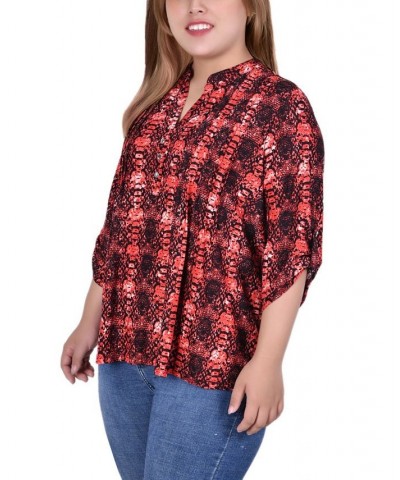 Plus Size 3/4 Roll Tab Sleeve Y-Neck Top Berry Plaid $13.14 Tops