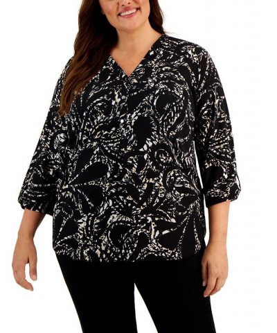 Plus Size Printed Utility Top Black $16.22 Tops