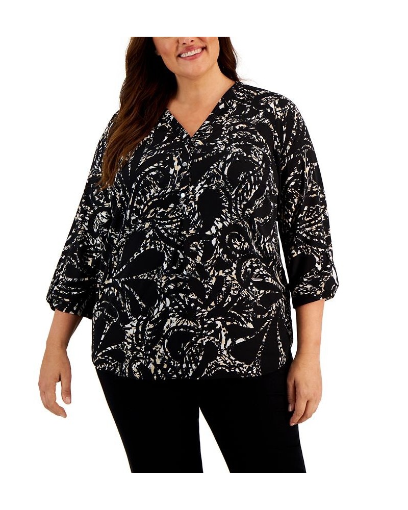 Plus Size Printed Utility Top Black $16.22 Tops