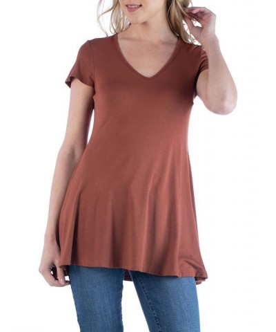 Women's Short Sleeve Loose Fit Tunic Top with V-Neck Brown $15.96 Tops