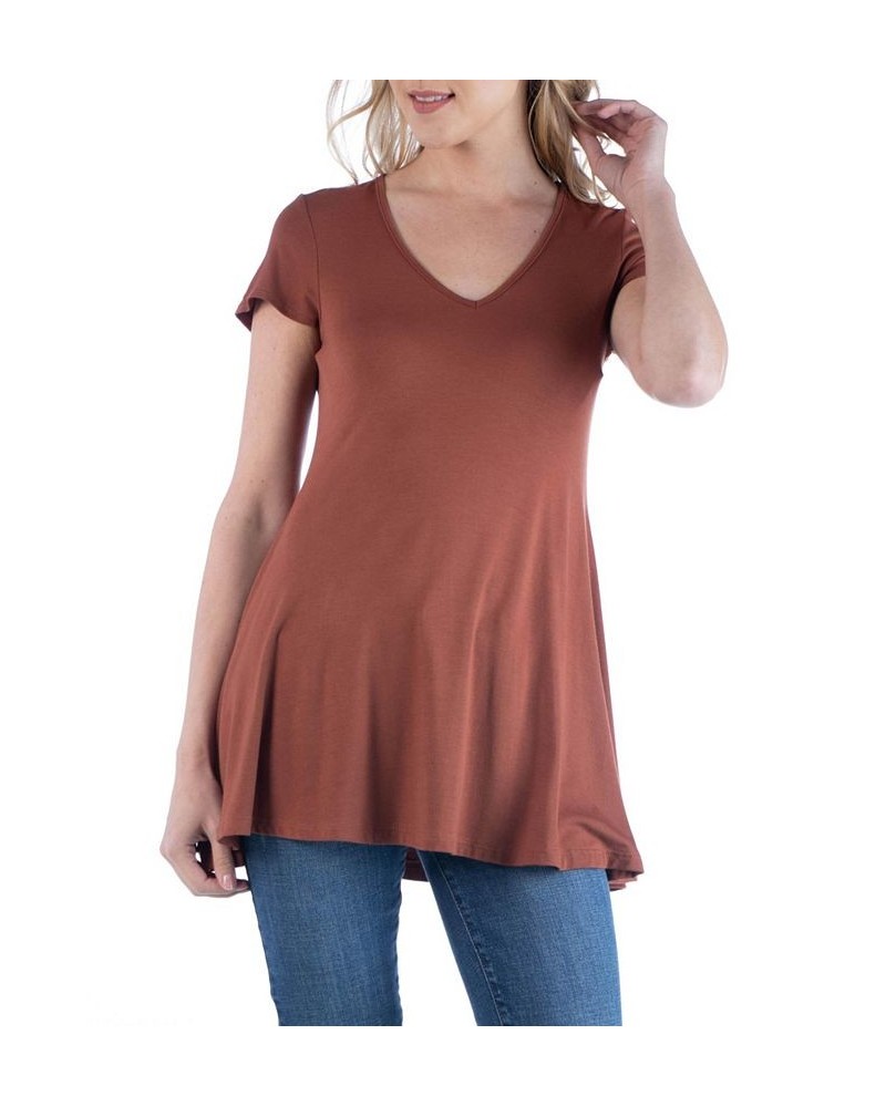 Women's Short Sleeve Loose Fit Tunic Top with V-Neck Brown $15.96 Tops