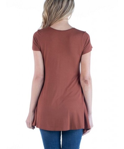 Women's Short Sleeve Loose Fit Tunic Top with V-Neck Brown $15.96 Tops