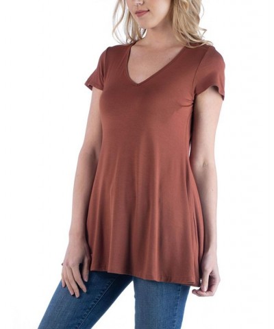 Women's Short Sleeve Loose Fit Tunic Top with V-Neck Brown $15.96 Tops