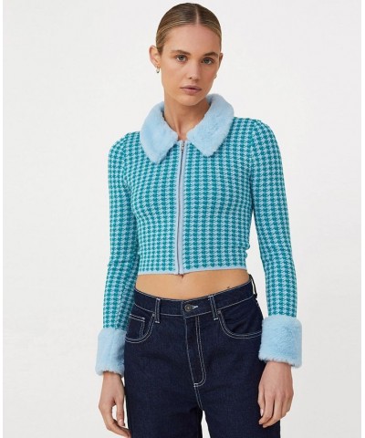 Women's Plush Trim Cardigan Sweater Holly Houndstooth Micro Jewel Teal $32.20 Sweaters